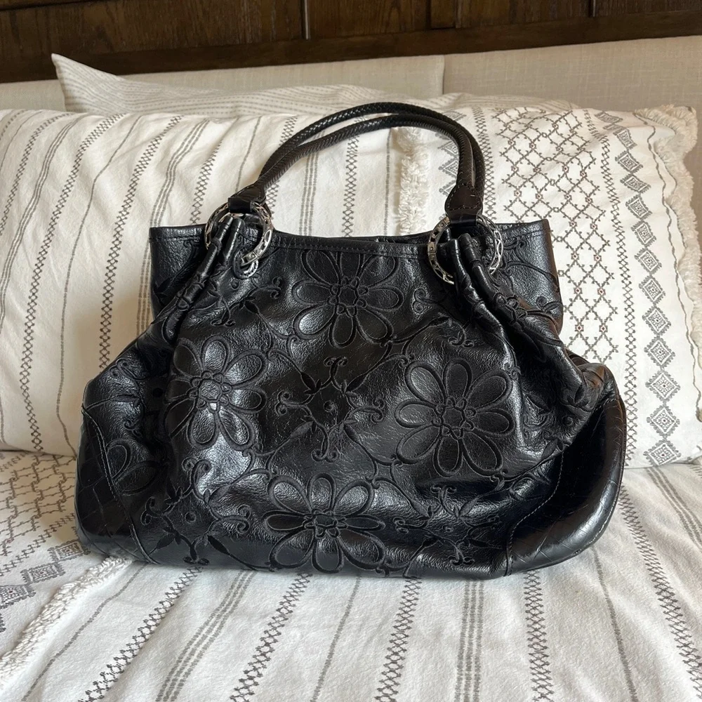 Brighton Black Embossed Floral Leather Shoulder Bag with Tassel - Picture 3 of 10